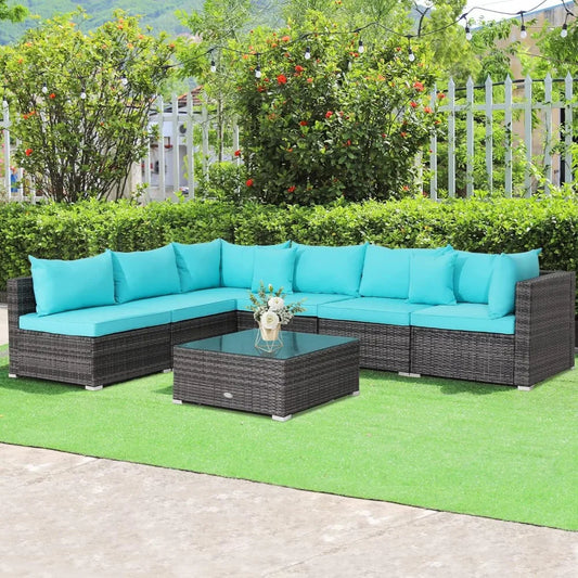 7 Piece All Weather Outdoor Rattan Sectional Sofa Set with Cushions and Tempered Glass Coffee Table