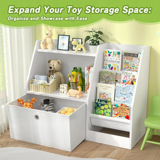 Kids Wooden Book Shelf with Storage Organizer For Bedroom, Playroom - White
