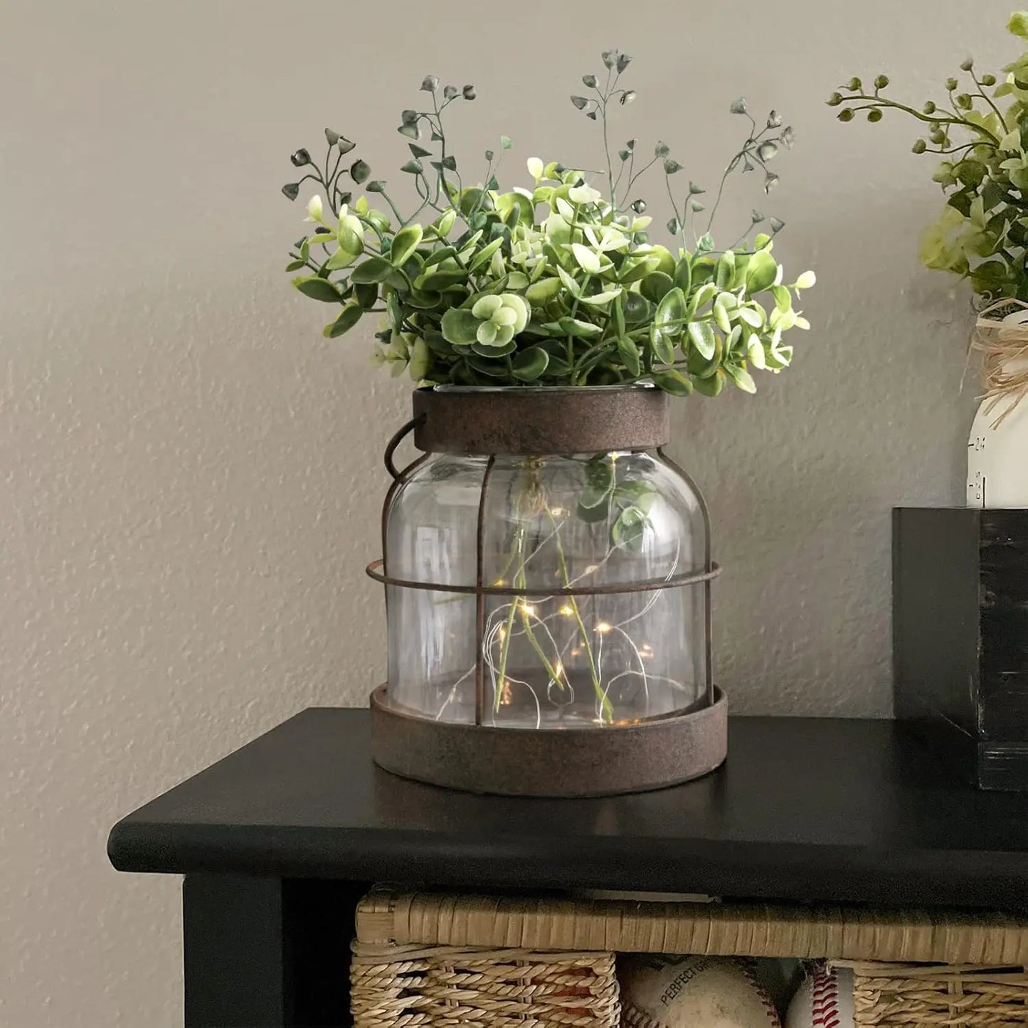 Vintage Glass Lantern Vase with Greenery and Lights